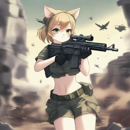 An exquisite digital art image illustrating an anime-style cat girl soldier in shorts, firing a machine gun on a battlefield