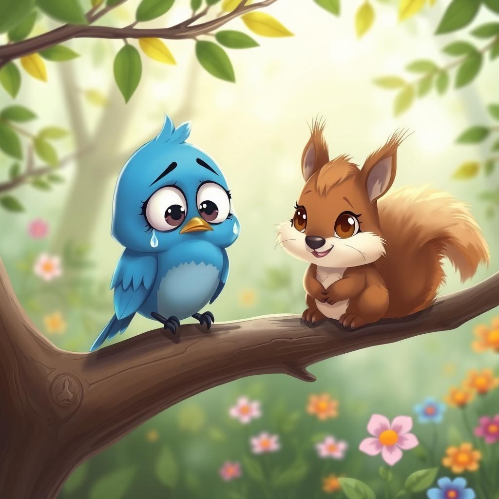 A cartoon-style scene featuring a sad bluebird with large expressive eyes, sitting alone on a branch, with a teardrop visible