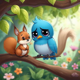 A cartoon-style scene featuring a sad bluebird with large expressive eyes, sitting alone on a branch, with a teardrop visible