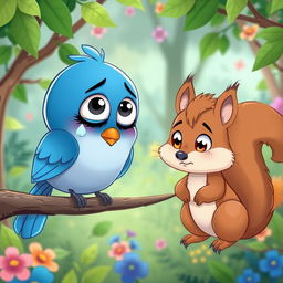A cartoon-style scene featuring a sad bluebird with large expressive eyes, sitting alone on a branch, with a teardrop visible