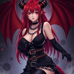 A seductive demon gothic anime girl featuring long, vibrant red hair and an alluring voluptuous figure