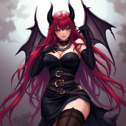 A seductive demon gothic anime girl featuring long, vibrant red hair and an alluring voluptuous figure