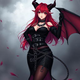 A seductive demon gothic anime girl featuring long, vibrant red hair and an alluring voluptuous figure