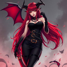 A seductive demon gothic anime girl featuring long, vibrant red hair and an alluring voluptuous figure