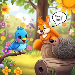 A whimsical cartoon scene featuring a cheerful bluebird and an animated squirrel engaged in a friendly conversation with a plump hedgehog