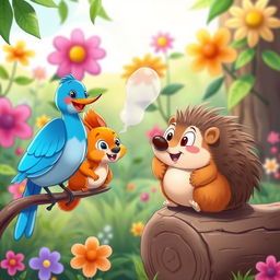 A whimsical cartoon scene featuring a cheerful bluebird and an animated squirrel engaged in a friendly conversation with a plump hedgehog
