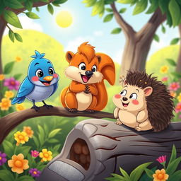 A whimsical cartoon scene featuring a cheerful bluebird and an animated squirrel engaged in a friendly conversation with a plump hedgehog