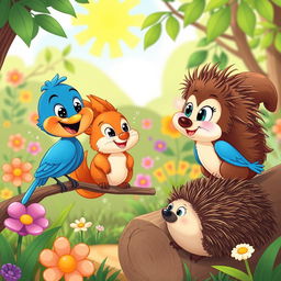 A whimsical cartoon scene featuring a cheerful bluebird and an animated squirrel engaged in a friendly conversation with a plump hedgehog