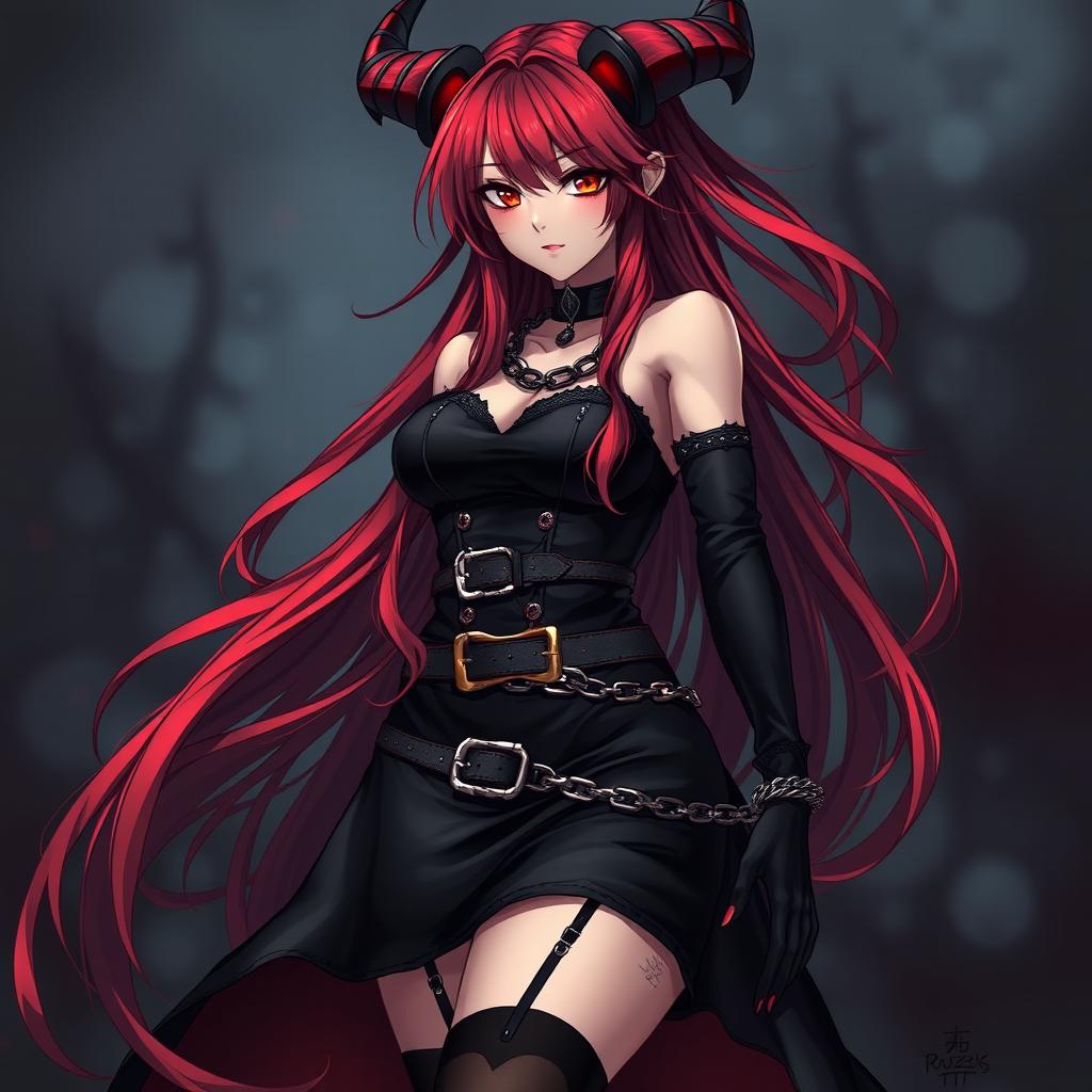 A captivating demon gothic anime girl with long, flowing red hair and an enchanting voluptuous figure, dressed in a striking black dress adorned with various belts and chains that amplify her fierce aesthetic