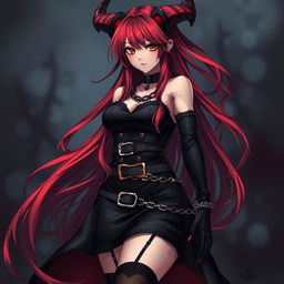 A captivating demon gothic anime girl with long, flowing red hair and an enchanting voluptuous figure, dressed in a striking black dress adorned with various belts and chains that amplify her fierce aesthetic