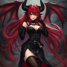 A captivating demon gothic anime girl with long, flowing red hair and an enchanting voluptuous figure, dressed in a striking black dress adorned with various belts and chains that amplify her fierce aesthetic