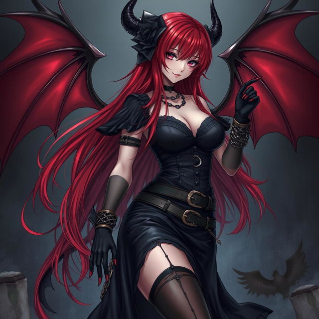 A captivating demon gothic anime girl with long, flowing red hair and an enchanting voluptuous figure, dressed in a striking black dress adorned with various belts and chains that amplify her fierce aesthetic