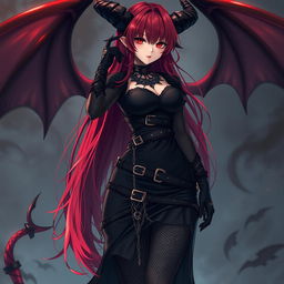 A captivating demon gothic anime girl with long, flowing red hair and an enchanting voluptuous figure, dressed in a striking black dress adorned with various belts and chains that amplify her fierce aesthetic