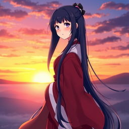 Hinata Hyuga, a prominent character from the anime Naruto, standing gracefully against a beautiful sunset backdrop