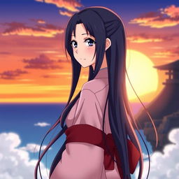 Hinata Hyuga, a prominent character from the anime Naruto, standing gracefully against a beautiful sunset backdrop