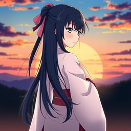 Hinata Hyuga, a prominent character from the anime Naruto, standing gracefully against a beautiful sunset backdrop