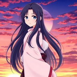 Hinata Hyuga, a prominent character from the anime Naruto, standing gracefully against a beautiful sunset backdrop