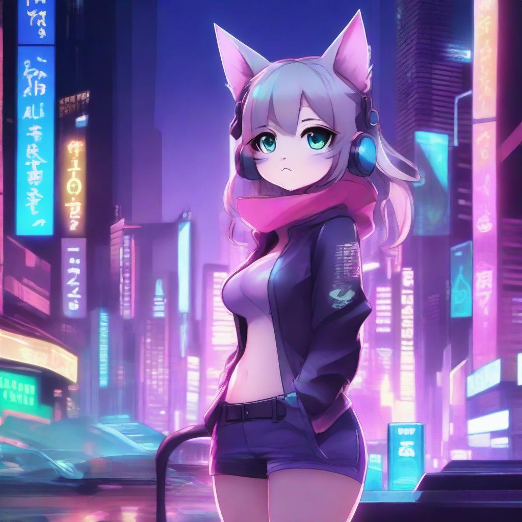 A high-quality digital art image showcasing an anime-style cat girl set against the backdrop of a futuristic metropolis