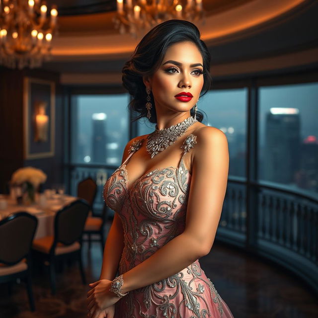 A glamorous and stunning Filipina woman with large breasts, showcasing elegance and wealth