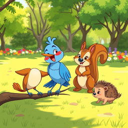 A vibrant cartoon scene featuring a cheerful bluebird and a friendly squirrel animatedly chatting with a shy hedgehog