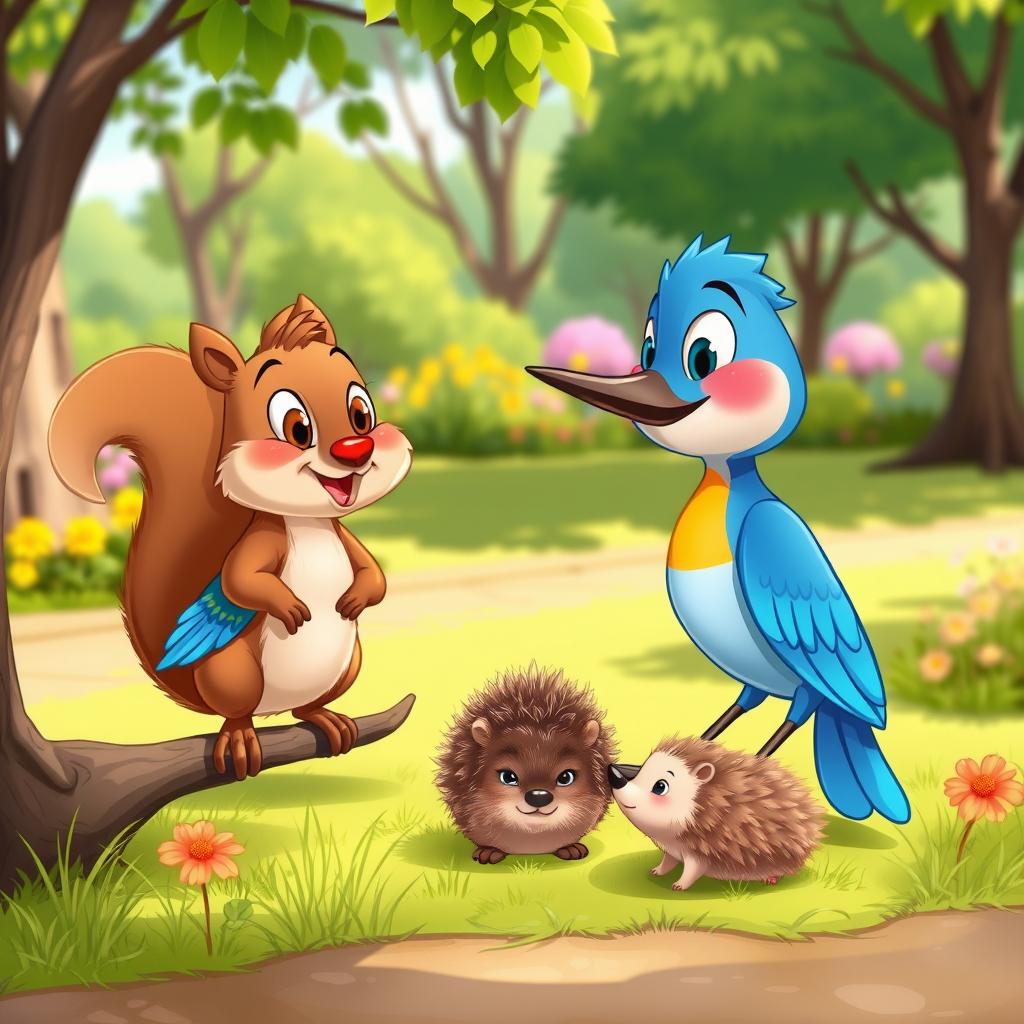 A vibrant cartoon scene featuring a cheerful bluebird and a friendly squirrel animatedly chatting with a shy hedgehog