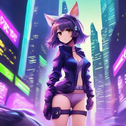 A high-quality digital art image showcasing an anime-style cat girl set against the backdrop of a futuristic metropolis