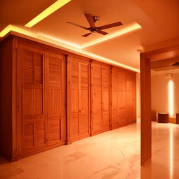 A spacious 3000 sq feet room full of ambient lighting and stylishly furnished with a well-crafted, high-quality almirah.