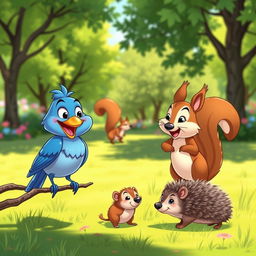 A vibrant cartoon scene featuring a cheerful bluebird and a friendly squirrel animatedly chatting with a shy hedgehog