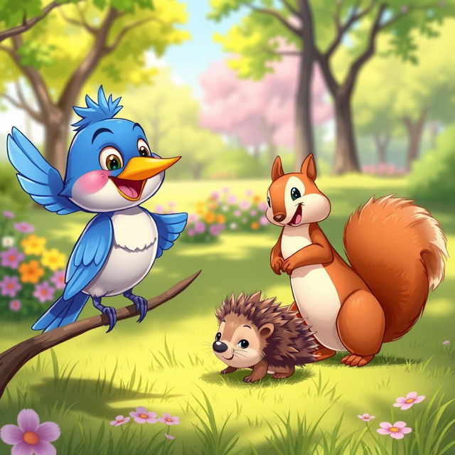 A vibrant cartoon scene featuring a cheerful bluebird and a friendly squirrel animatedly chatting with a shy hedgehog