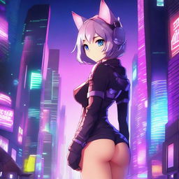 A high-quality digital art image showcasing an anime-style cat girl set against the backdrop of a futuristic metropolis