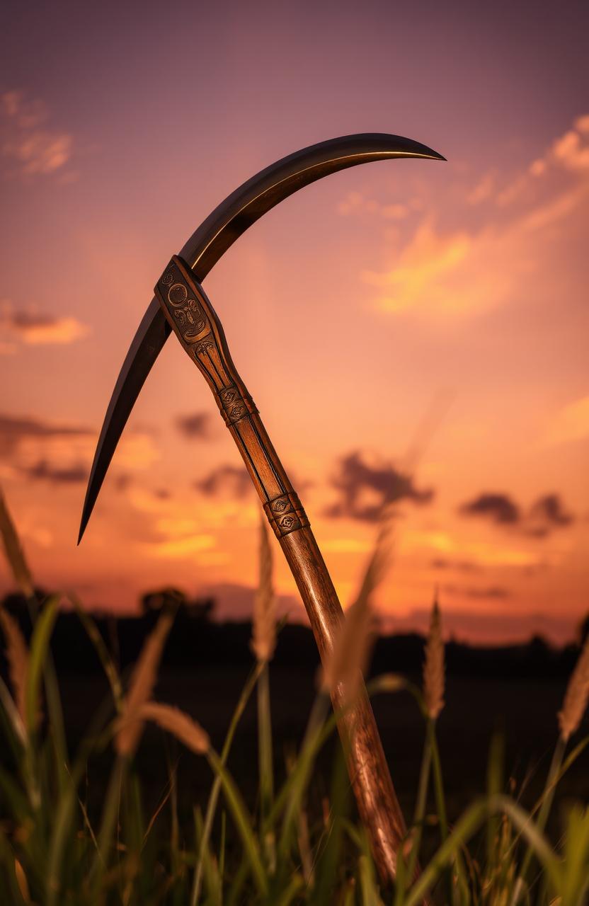 A beautifully crafted scythe resting against a backdrop of a serene sunset