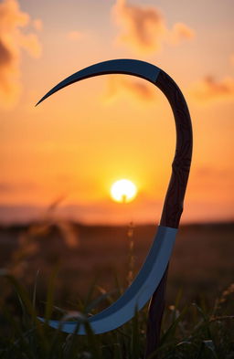 A beautifully crafted scythe resting against a backdrop of a serene sunset