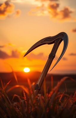 A beautifully crafted scythe resting against a backdrop of a serene sunset