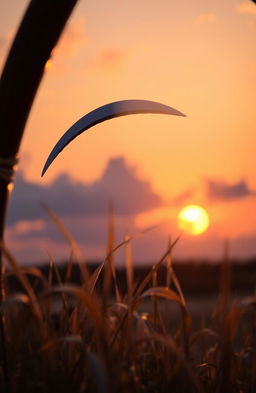 A beautifully crafted scythe resting against a backdrop of a serene sunset