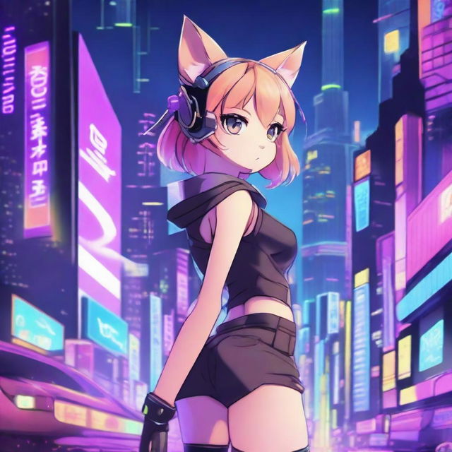 A high-quality digital art image showcasing an anime-style cat girl set against the backdrop of a futuristic metropolis