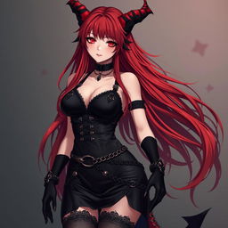 A mesmerizing demon gothic anime girl with long, flowing red hair and a captivating voluptuous figure