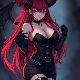 A mesmerizing demon gothic anime girl with long, flowing red hair and a captivating voluptuous figure