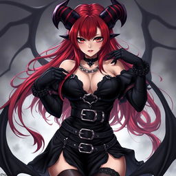 A mesmerizing demon gothic anime girl with long, flowing red hair and a captivating voluptuous figure
