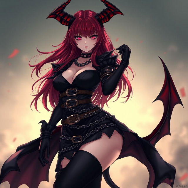 A mesmerizing demon gothic anime girl with long, flowing red hair and a captivating voluptuous figure