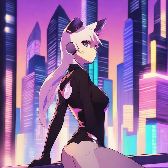 A high-resolution digital art image featuring an anime-style cat girl in a tastefully minimal outfit, set against the backdrop of a futuristic metropolis