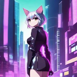 A high-resolution digital art image featuring an anime-style cat girl in a tastefully minimal outfit, set against the backdrop of a futuristic metropolis