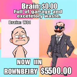 A humorous meme image with two contrasting panels featuring the same character