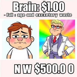 A humorous meme image with two contrasting panels featuring the same character