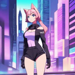 A high-resolution digital art image featuring an anime-style cat girl in a tastefully minimal outfit, set against the backdrop of a futuristic metropolis