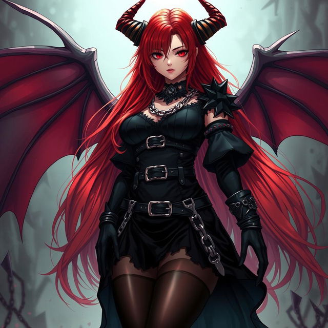 A stunning demon gothic anime girl with long, flowing red hair and an impressive voluptuous figure