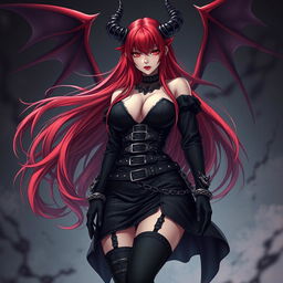 A stunning demon gothic anime girl with long, flowing red hair and an impressive voluptuous figure