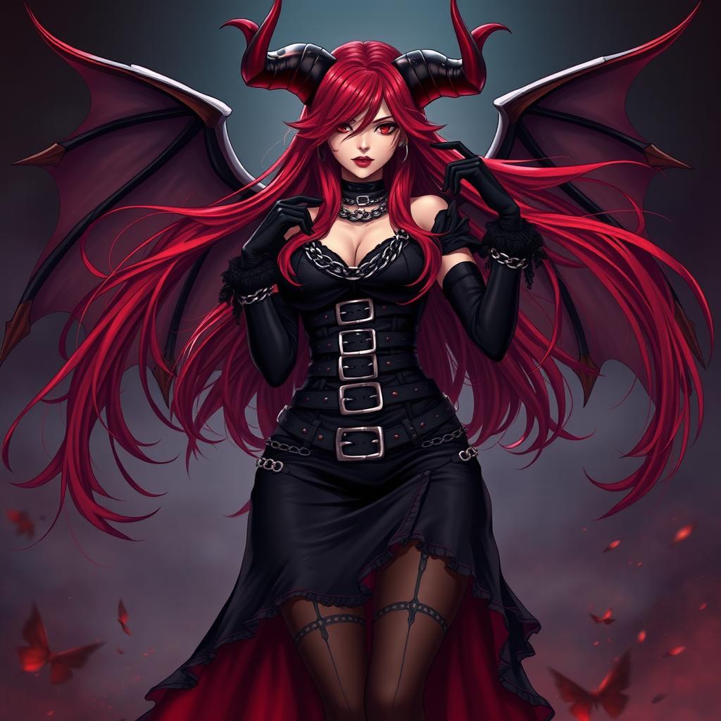 A stunning demon gothic anime girl with long, flowing red hair and an impressive voluptuous figure