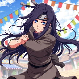 A dynamic and captivating portrait of Hinata Hyuga as a strong and determined character, depicted in a battle stance with a confident expression