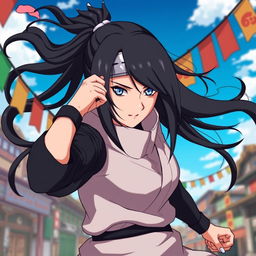 A dynamic and captivating portrait of Hinata Hyuga as a strong and determined character, depicted in a battle stance with a confident expression