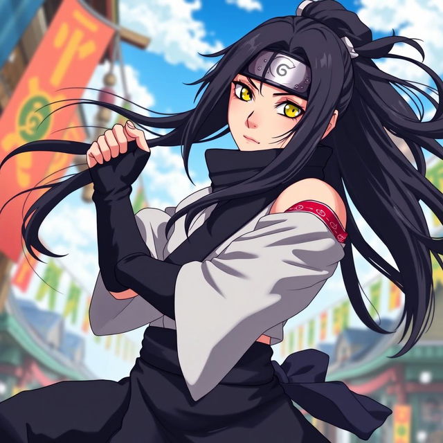 A dynamic and captivating portrait of Hinata Hyuga as a strong and determined character, depicted in a battle stance with a confident expression